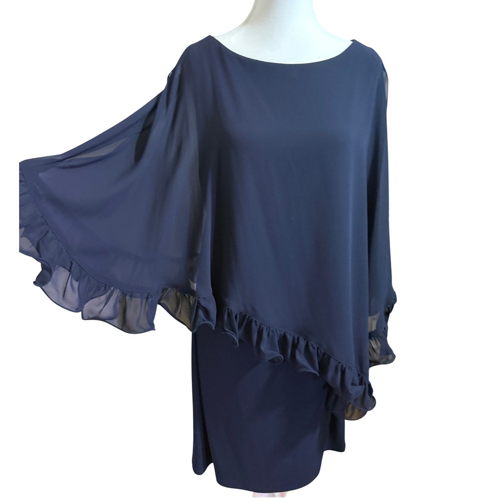 Joseph Ribkoff Cocktail Dress Womens 14 Navy Blue Asymmetrical Ruffle 171246 - Picture 2 of 10